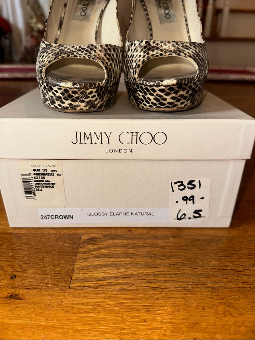 Jimmy Choo Crown Glossy Elaphe Natural Snakeskin Peep-Toe Platform Heels